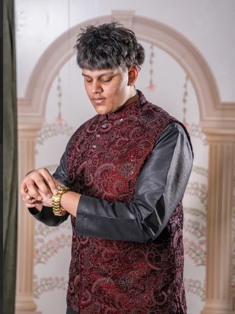 MAHARAJA CRIMSON BROCADE VEST KURTA ENSEMBLE