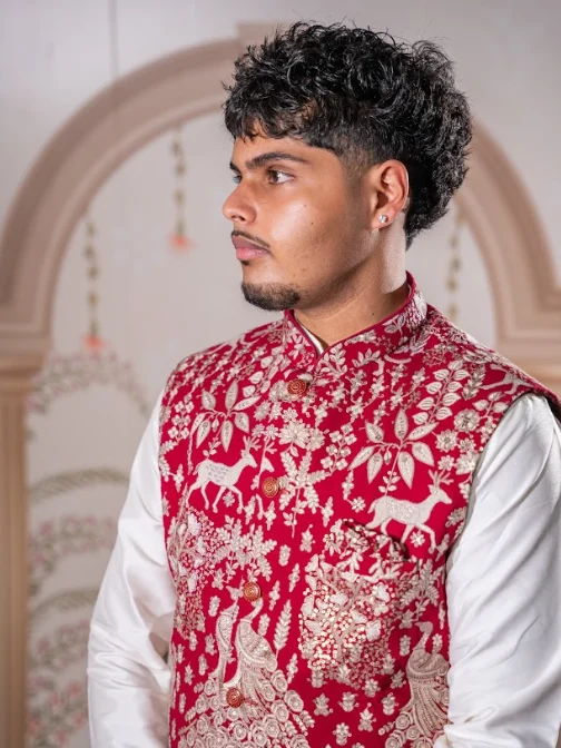 CRIMSON RAJ DARBAR HERITAGE THREADWORK VEST & KURTA ENSEMBLE